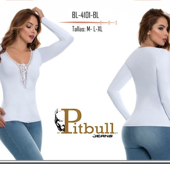 👚Women's PitBull Blouse Top BL-4101 In Wht M or L - Picture 1 of 8
